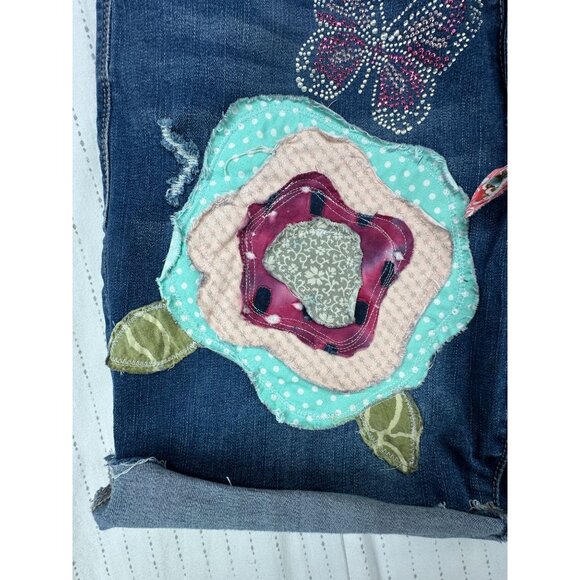 The Scrappy Camper Shorts 16 Denim Upcycled Boho Festival Butterfly Floral OOAK - Picture 5 of 16